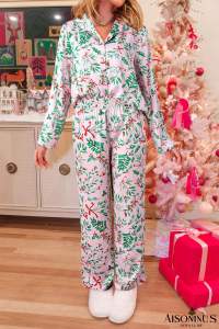 Pink Plants Print Plush Edge Collar Shirt Pants Pajama Set