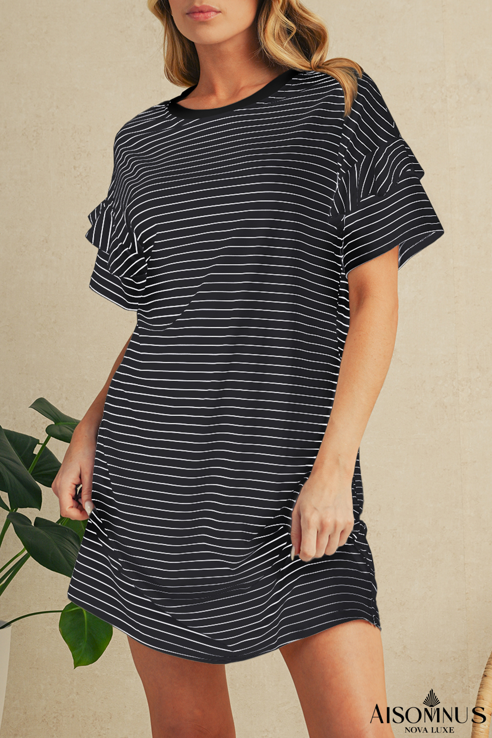 Black Stripe Ruffle Short Sleeve T Shirt Mini Dress
