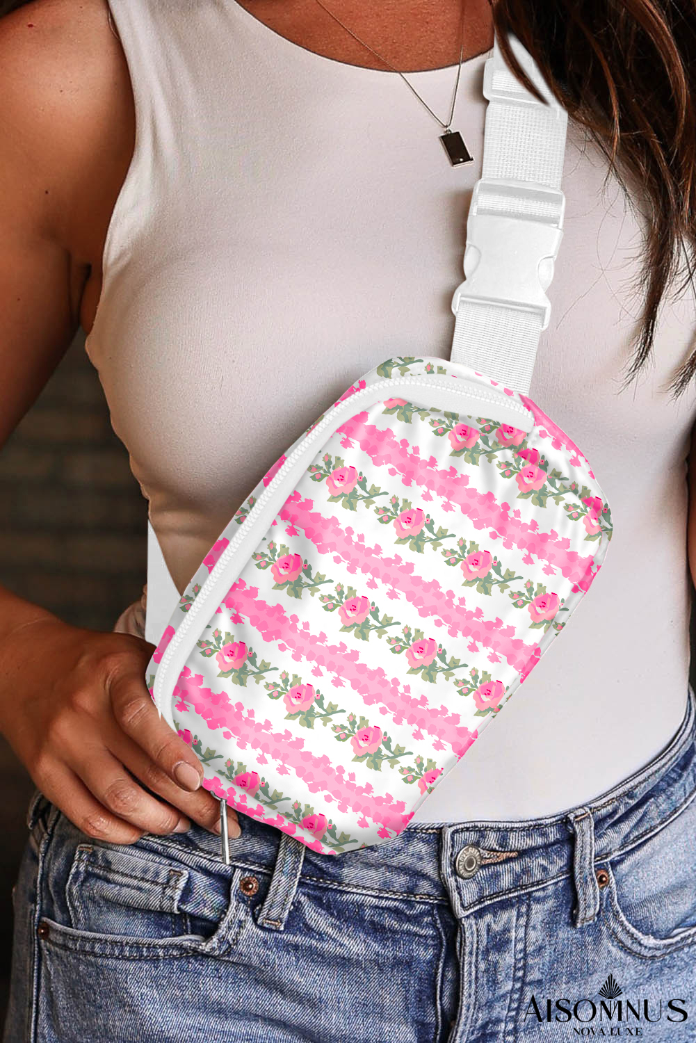 White Striped Floral Crossbody Bag