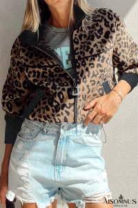 Khaki Leopard Print Zip Up Stand Neck Side Pocket Jacket