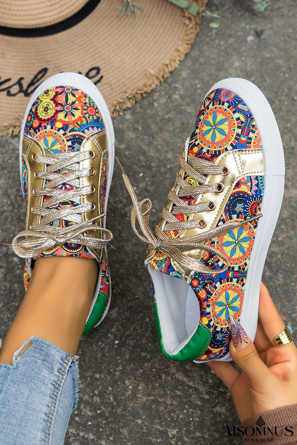 Gold Boho Ethnic Print Lace Up Sneakers