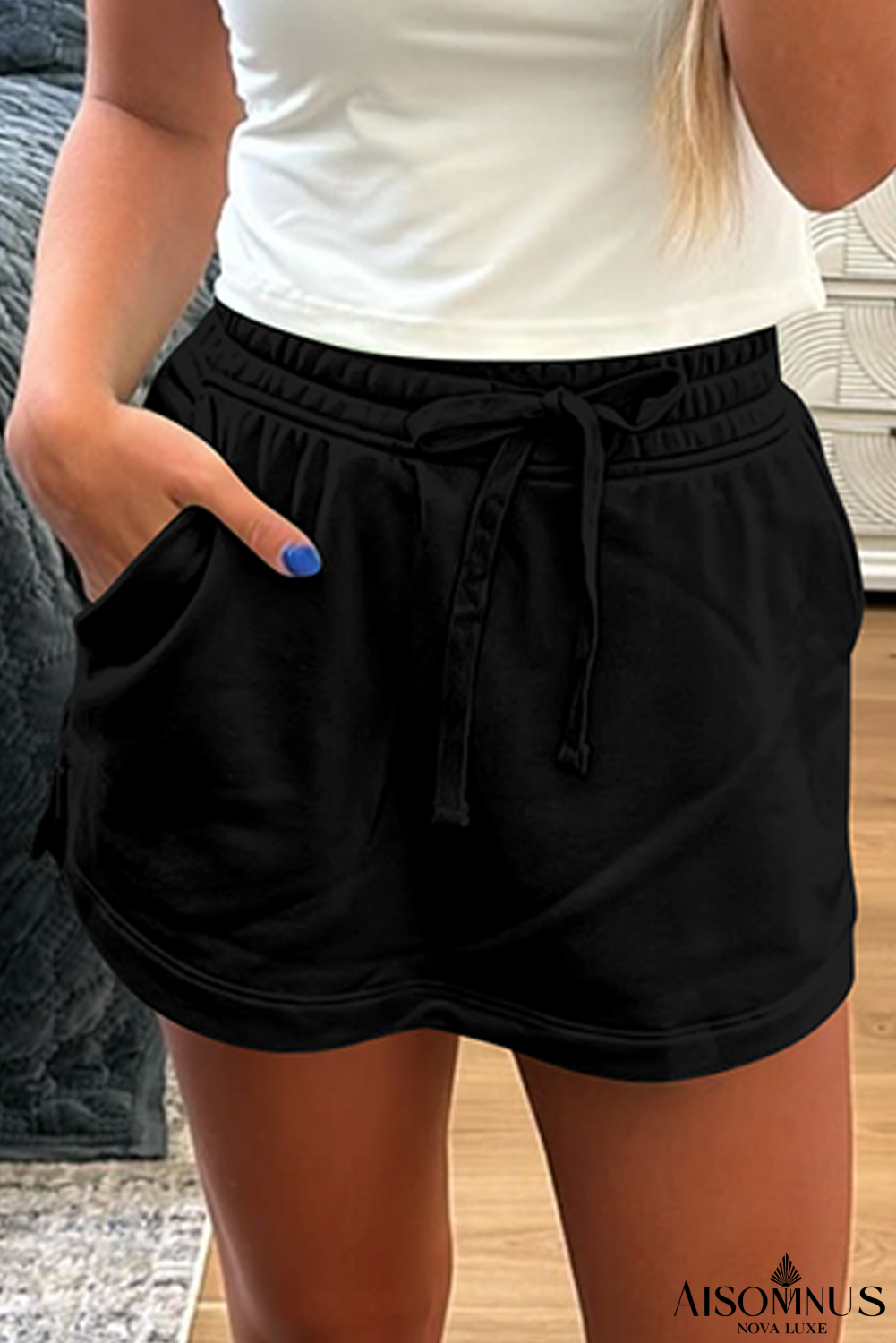 Black French Terry Drawstring Mini Skort with Pockets