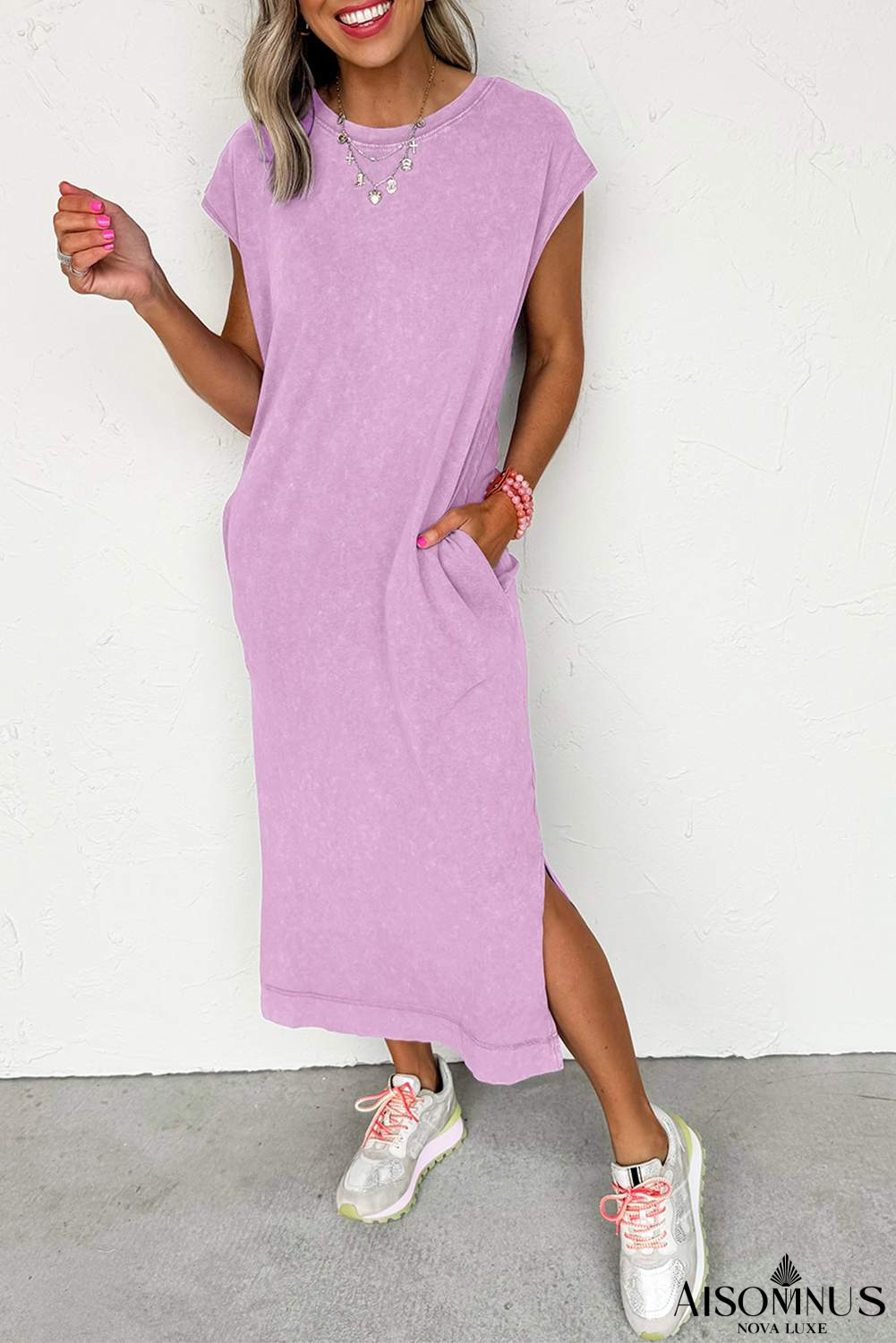 Wisteria Mineral Wash Pocketed T-shirt Dress