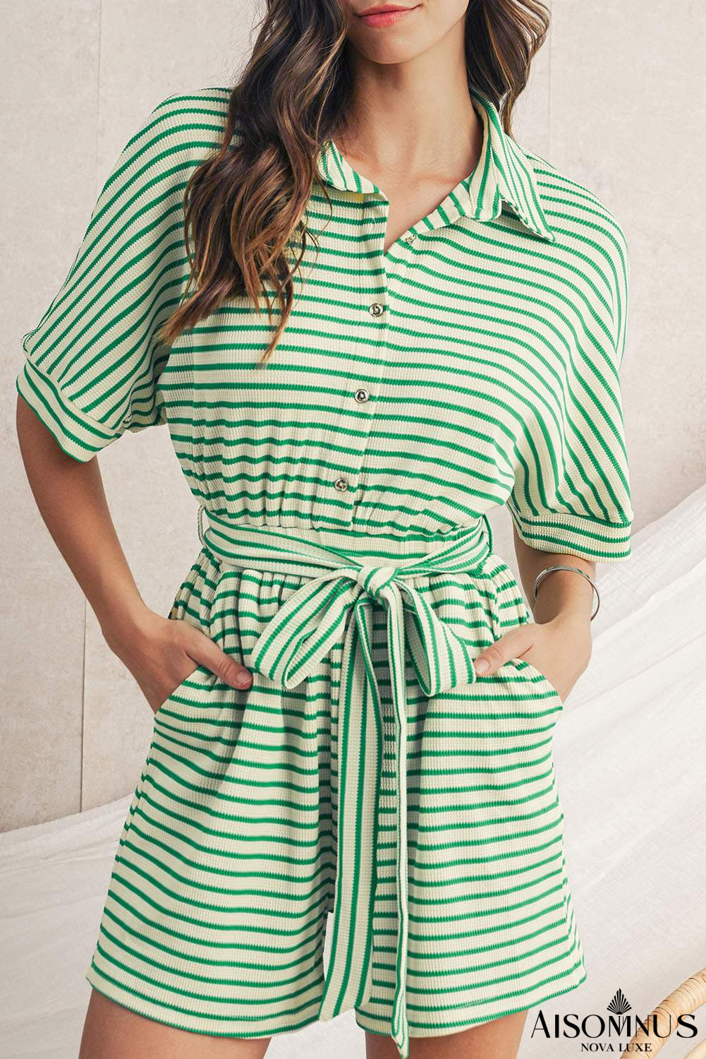 Green Stripe Textured Short Sleeve Collared Buttoned Waist Tie Romper