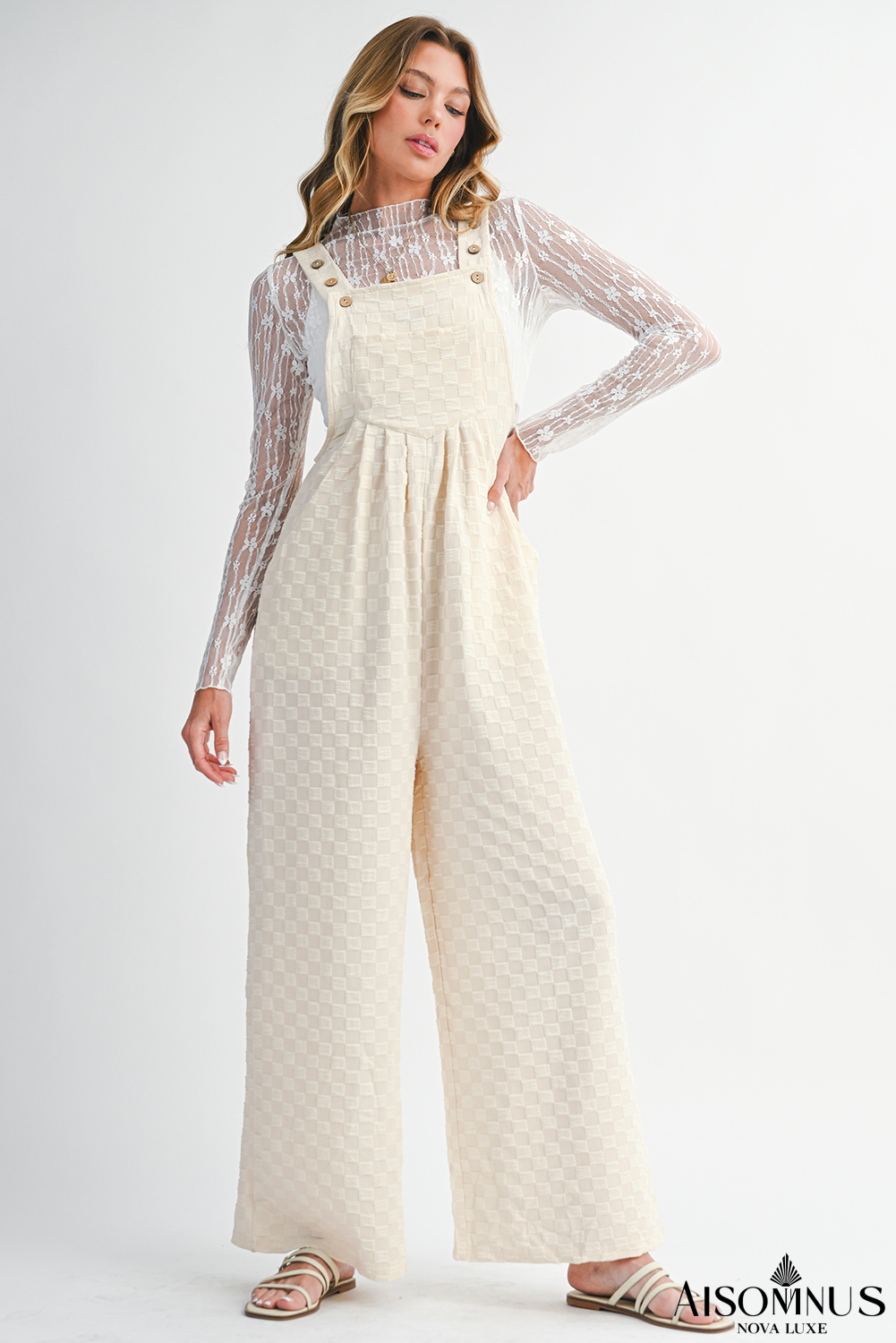 Beige Checkered Pocket High Waist Wide Leg Overall