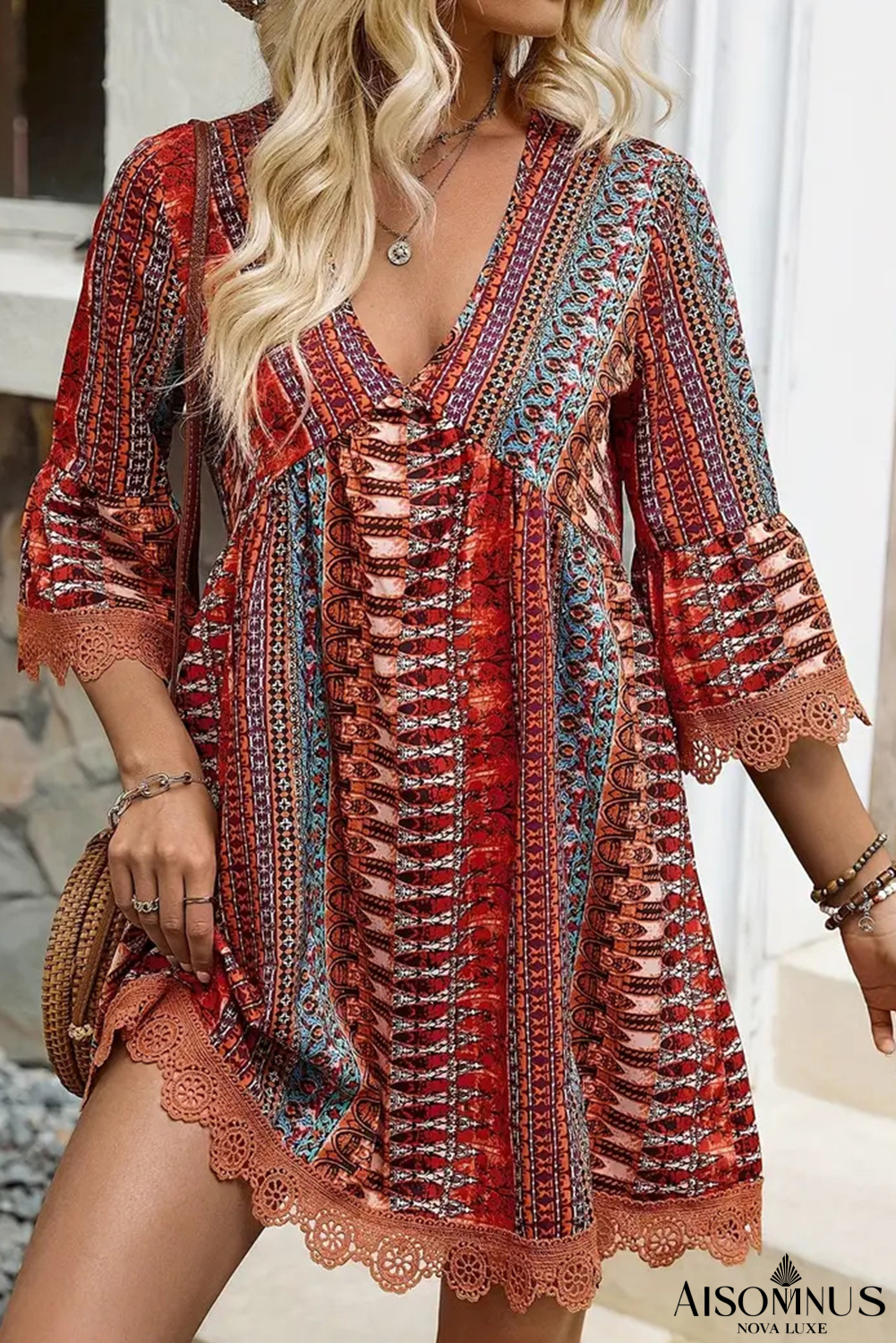 Red Boho Colorblock Deep V Neck Mini Dress