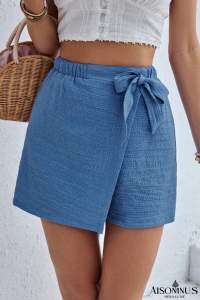Sky Blue Solid Color Elastic Waist Knot Side Wrap Skort