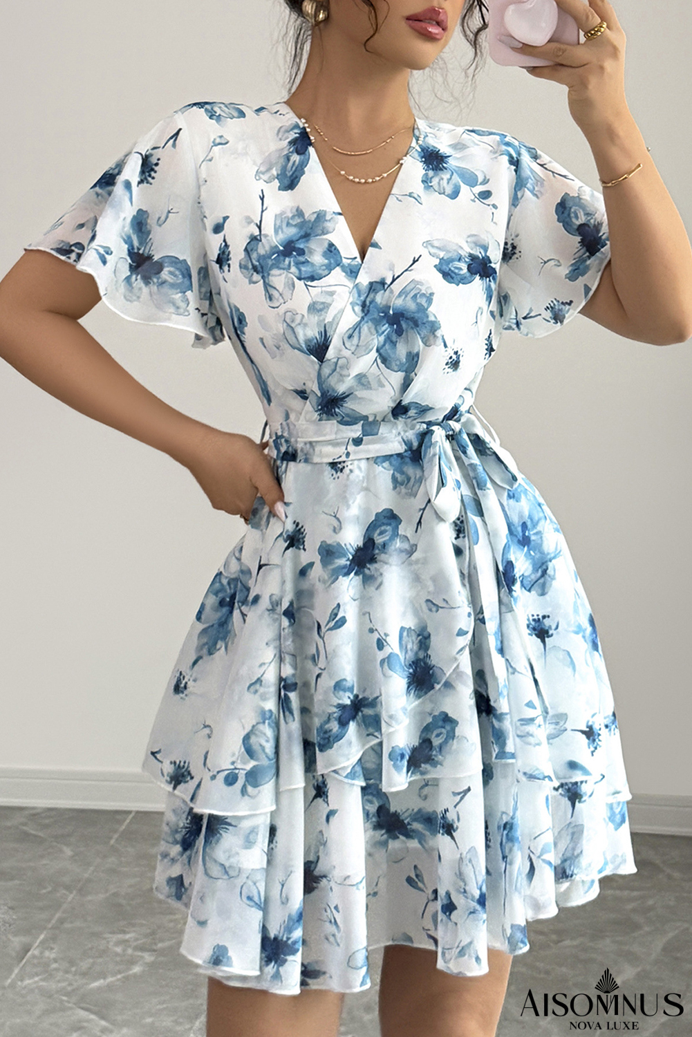 Sky Blue Floral Print Tie Waist Mini Dress