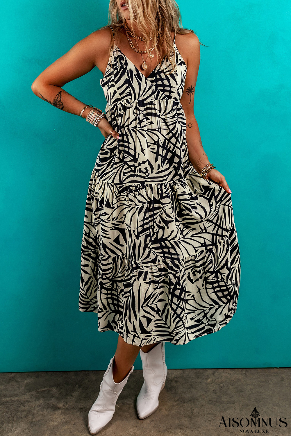 Khaki Tropical Palm Print Wrapped V Neck Spaghetti Straps Tiered Dress