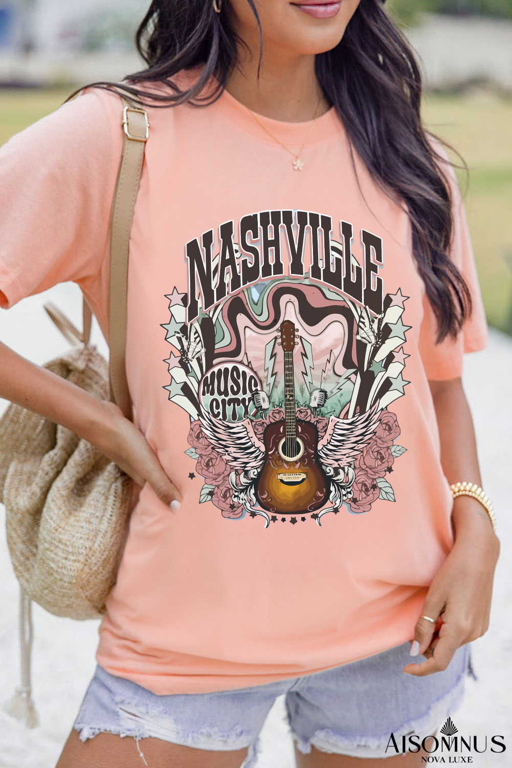 Pink NASHVILLE MUSIC CITY Guitar Graphic T Shirt