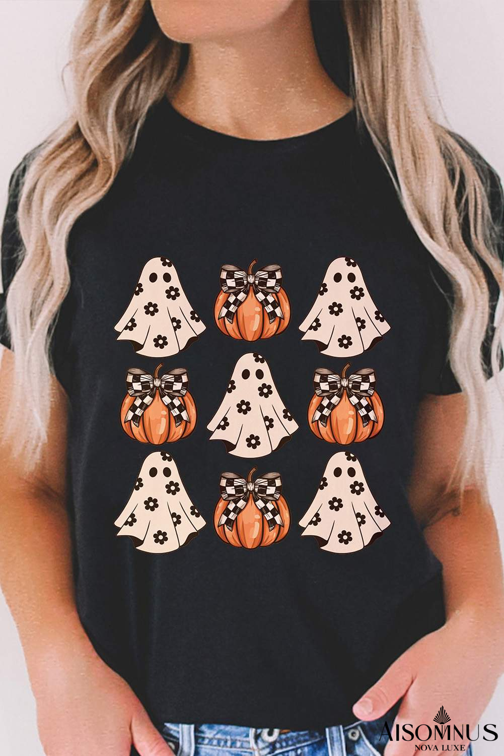 Black Halloween Ghost Pumpkin Graphic Crew Neck T Shirt