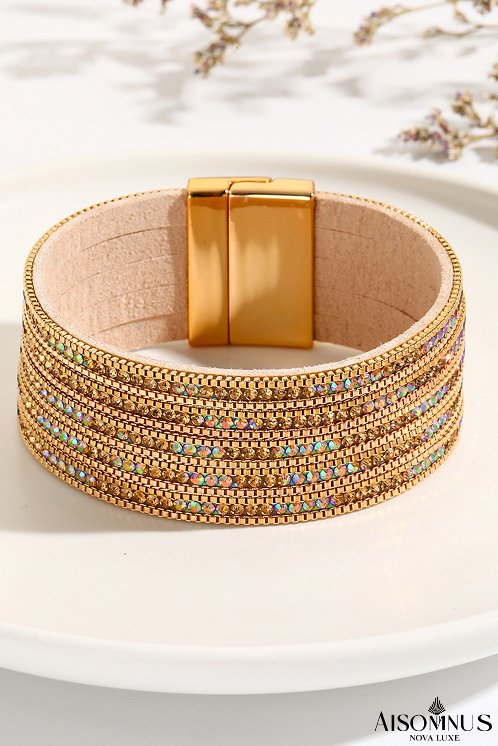 Gold Full Diamond Leather Wide Magnetic Buckle Bracelet