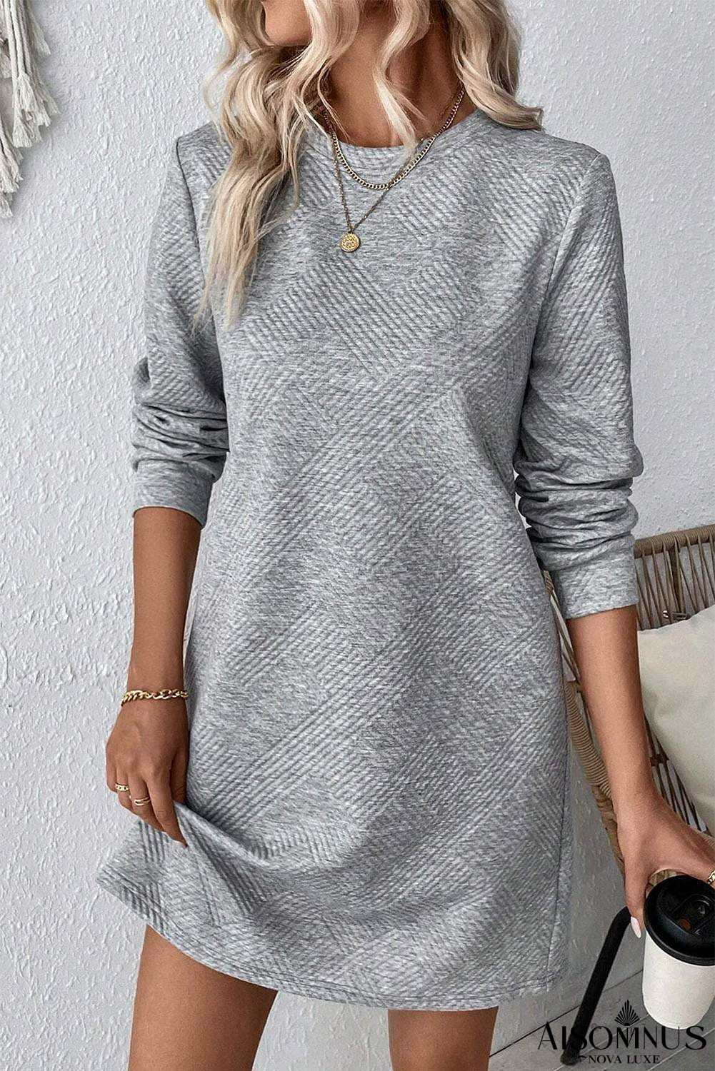Gray Solid Color Textured Long Sleeve Shift Short Dress