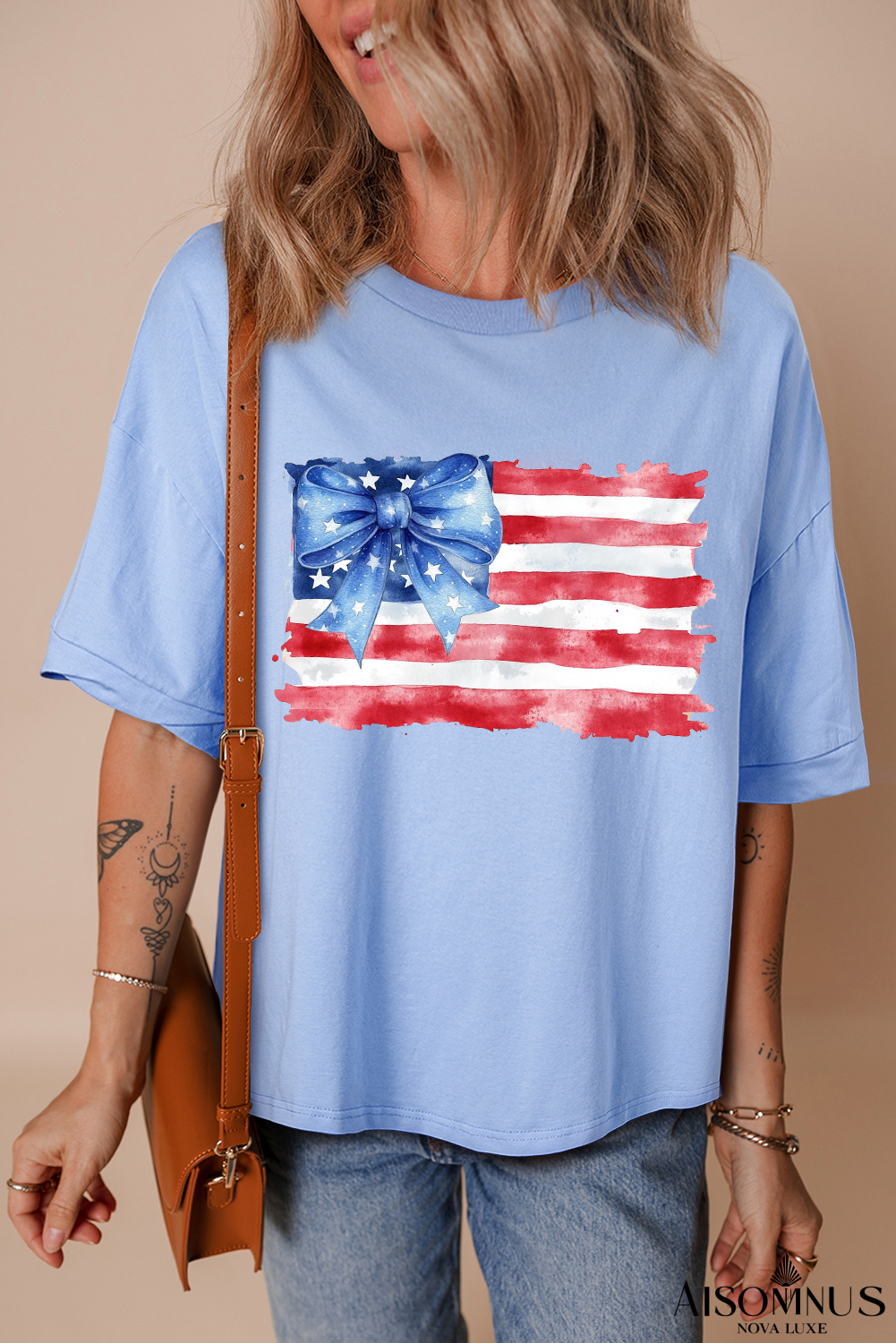 Myosotis American Flag Bow Knot Print Half Sleeve T Shirt
