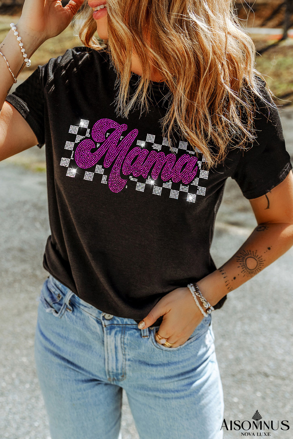 Black Rhinestone Mama Letter Graphic T Shirt