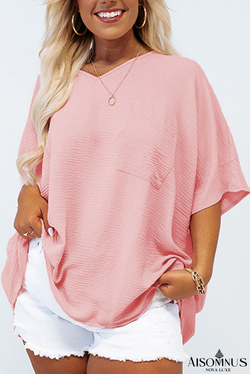 Pink Solid Color V Neck Textured Plus Size Blouse