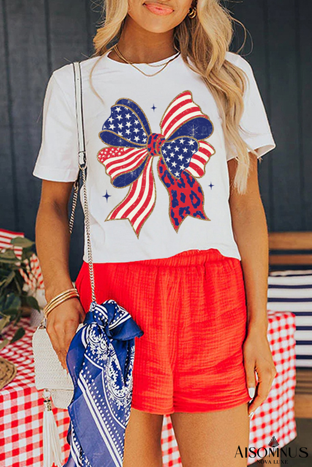White Stars and Stripes Bow Print 4th of July T Shirt
