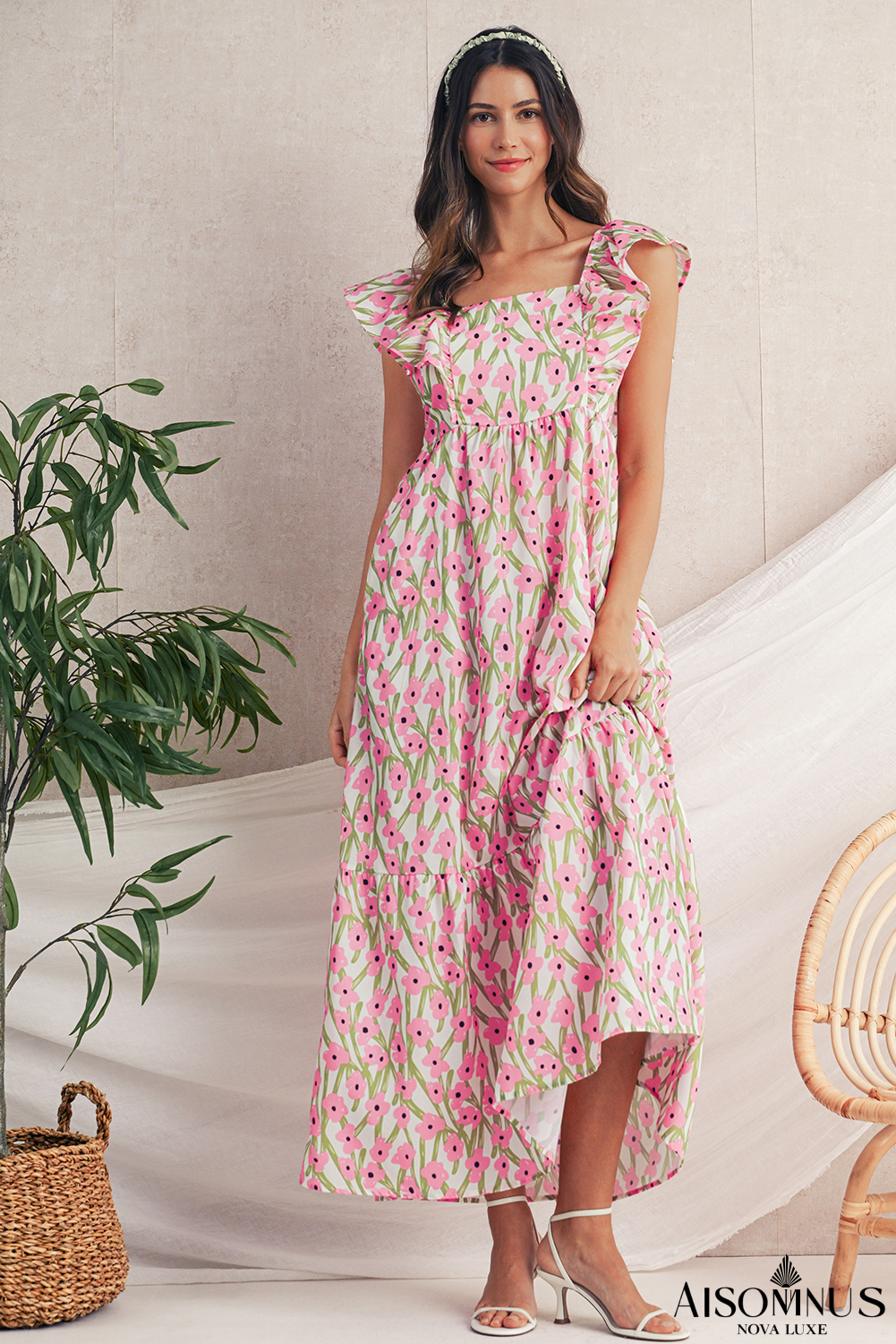 Pink Floral Print Square Neck Ruffled Strap Maxi Dress