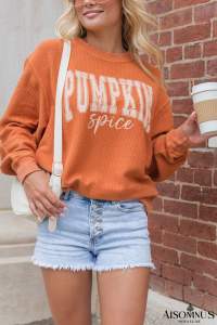 Orange Crinkle Ribbed PUMPKIN Spice Graphic Crewneck Sweatshirt