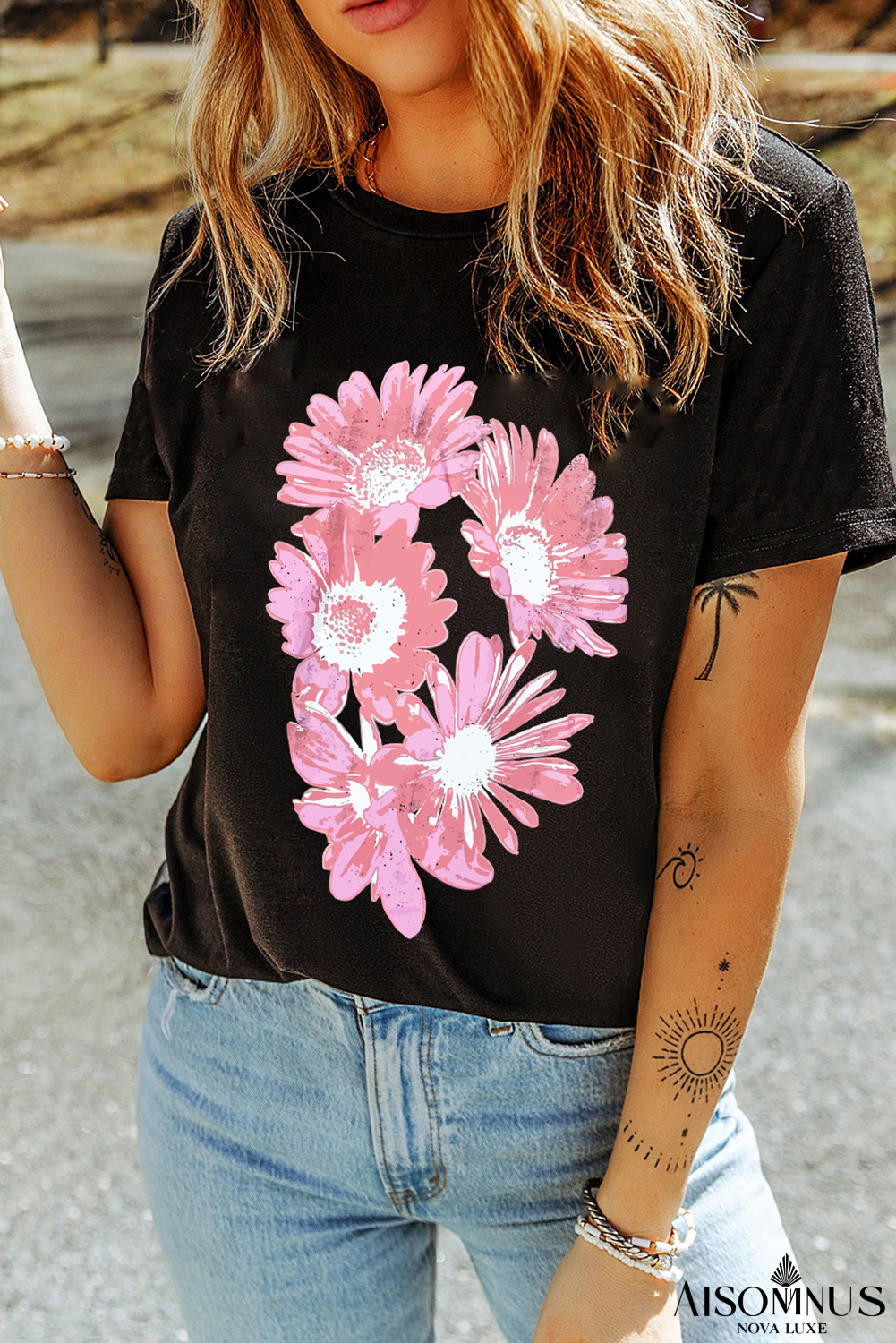 Black Pink Daisy Flower Print Graphic T Shirt