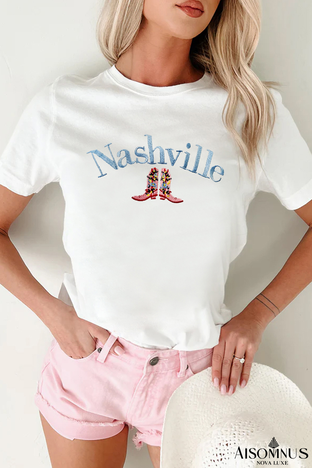 White Nashville Boots Embroidered Crew Neck Graphic Tee