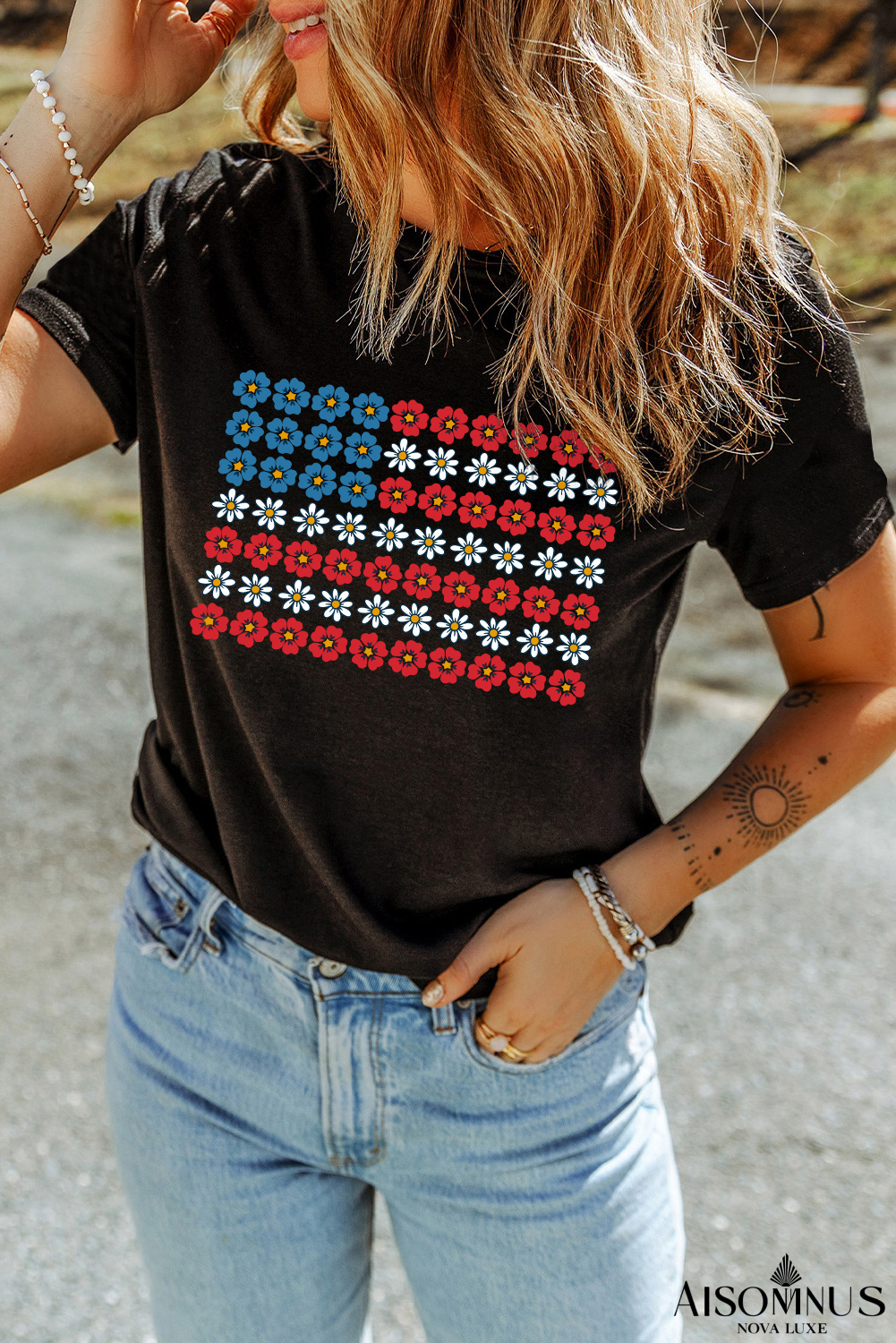 Black American Flag Inspired Flowers Graphic T Shirt
