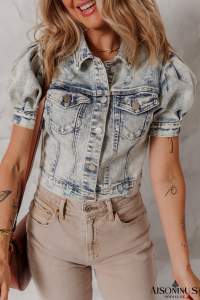 Beau Blue Light Wash Buttoned Chest Pocket Puff Sleeve Denim Jacket