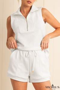 White Textured Half Zip Tank Top Drawstring Shorts Set