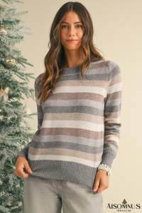 Gray Striped Ribbed Edge Round Neck Sweater