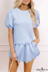 Beau Blue Puff Sleeve Pearl Embellished Scallop Hem 2-Piece Shorts Set