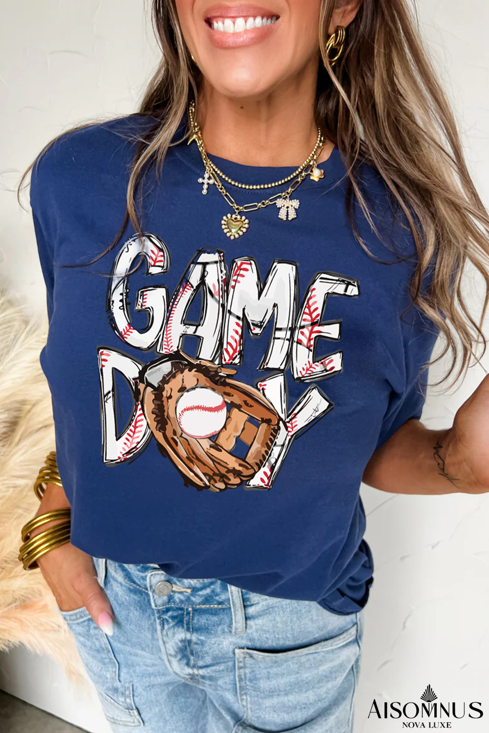 Blue GAMY DAY Baseball Crewneck T Shirt