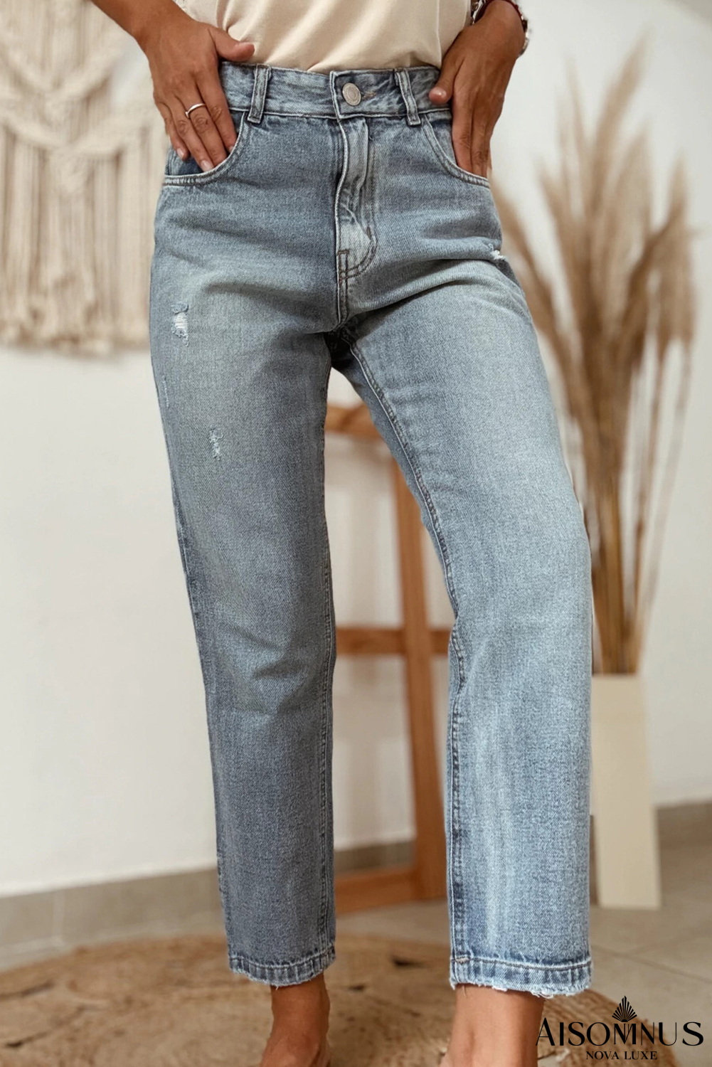 Beau Blue Distressed Ankle-length Straight Jeans