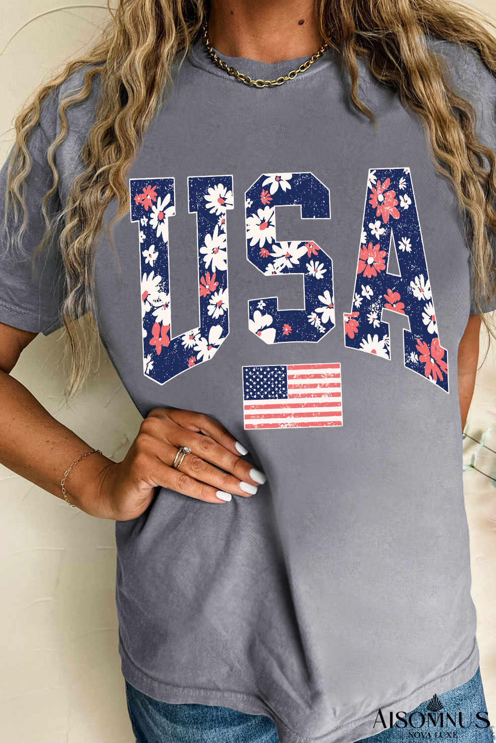 Gray Floral USA Flag Graphic Roll Up Sleeve Tee