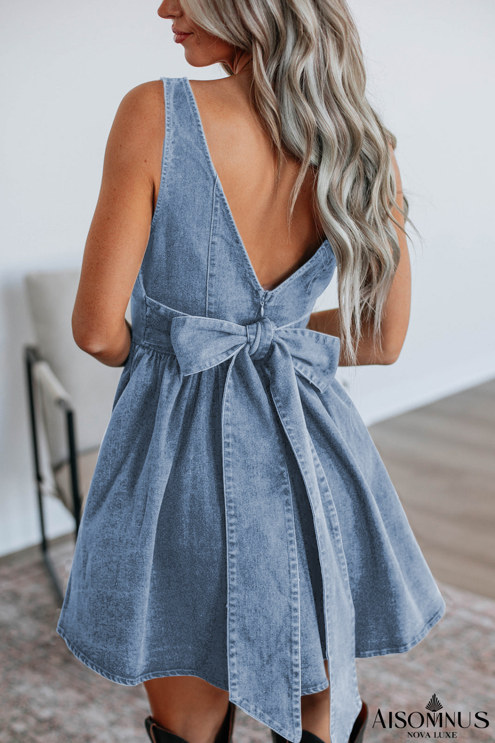 Myosotis Bowknot A-line Sleeveless Denim Dress