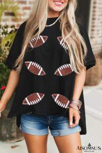 Black Sequin Football Patched Crewneck Loose T Shirt