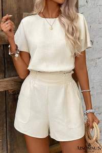 Beige Solid Textured Top and Shorts Set