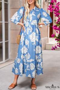 Sky Blue Floral Print Puff Sleeve Collared Dress