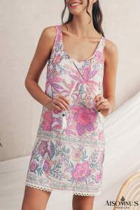 Multicolour Boho Floral Tassel Tie U Neck Mini Dress