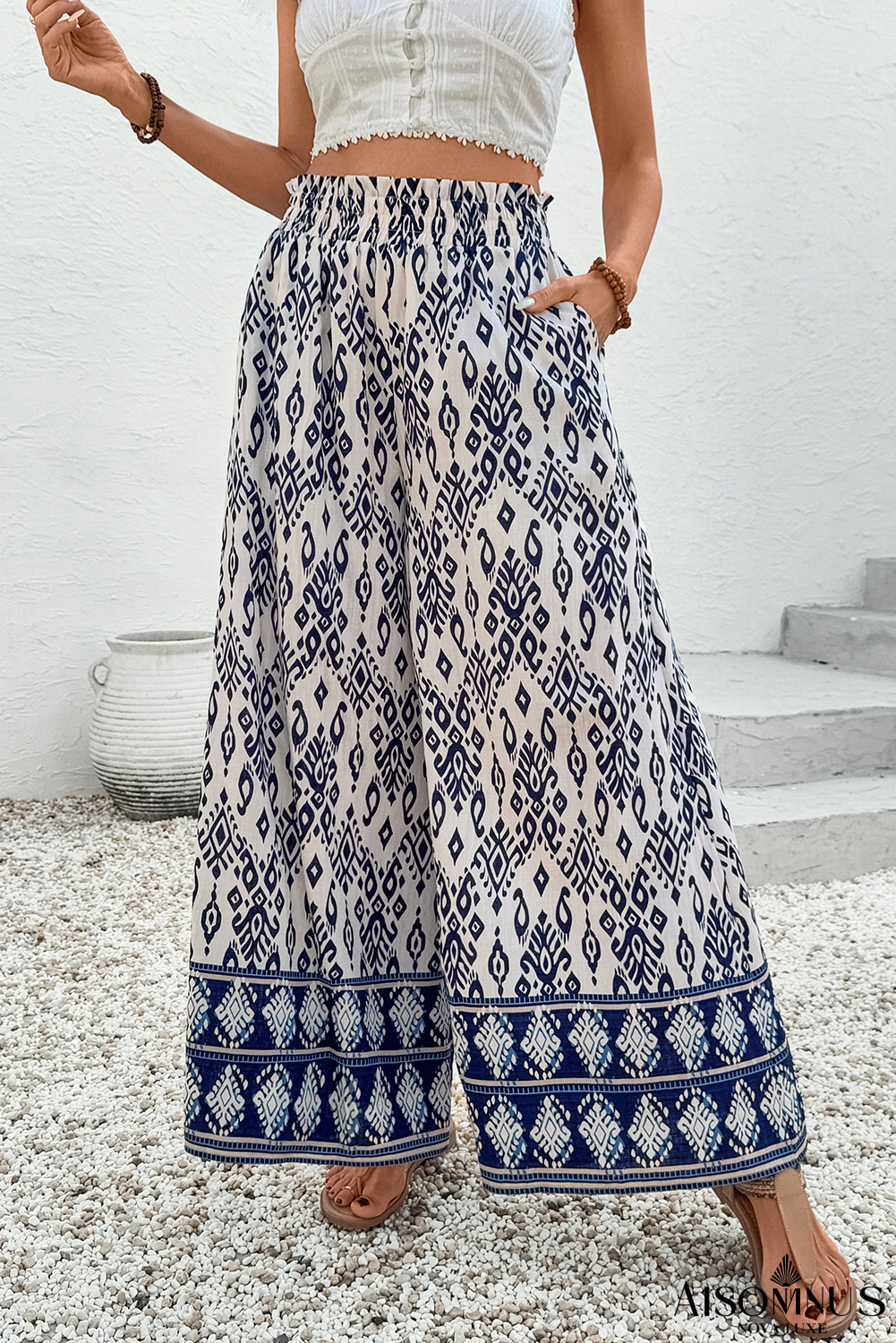 Blue Ethnic Print High Waist Wide Leg Loose Pants