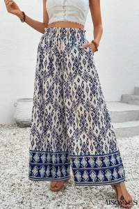 Blue Ethnic Print High Waist Wide Leg Loose Pants