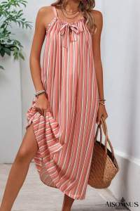 Pink Striped Bowknot Flowy Midi Dress