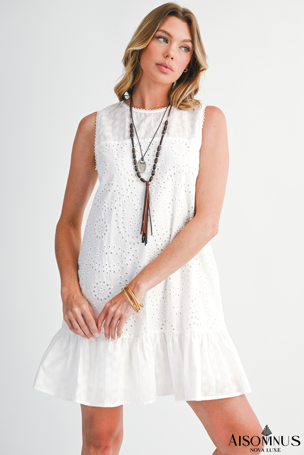 White Floral Eyelet Embroidered Sleeveless Shift Dress