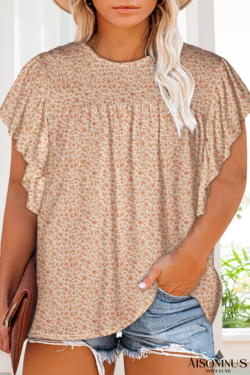 Apricot Plus Size Smocked Ditsy Floral Ruffle Blouse