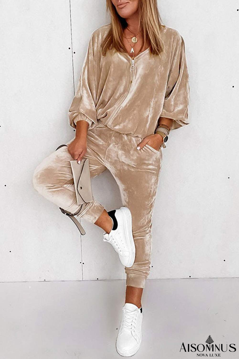 Parchment Velvet Lantern Sleeve Zipped Top & Joggers Pants Set