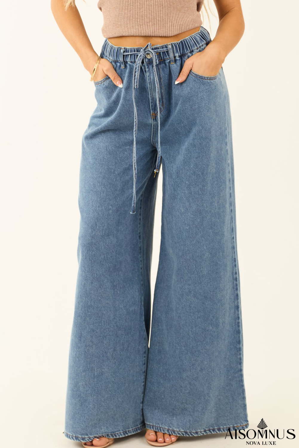 Dusk Blue Medium Wash Drawstring Waist Wide Leg Jeans