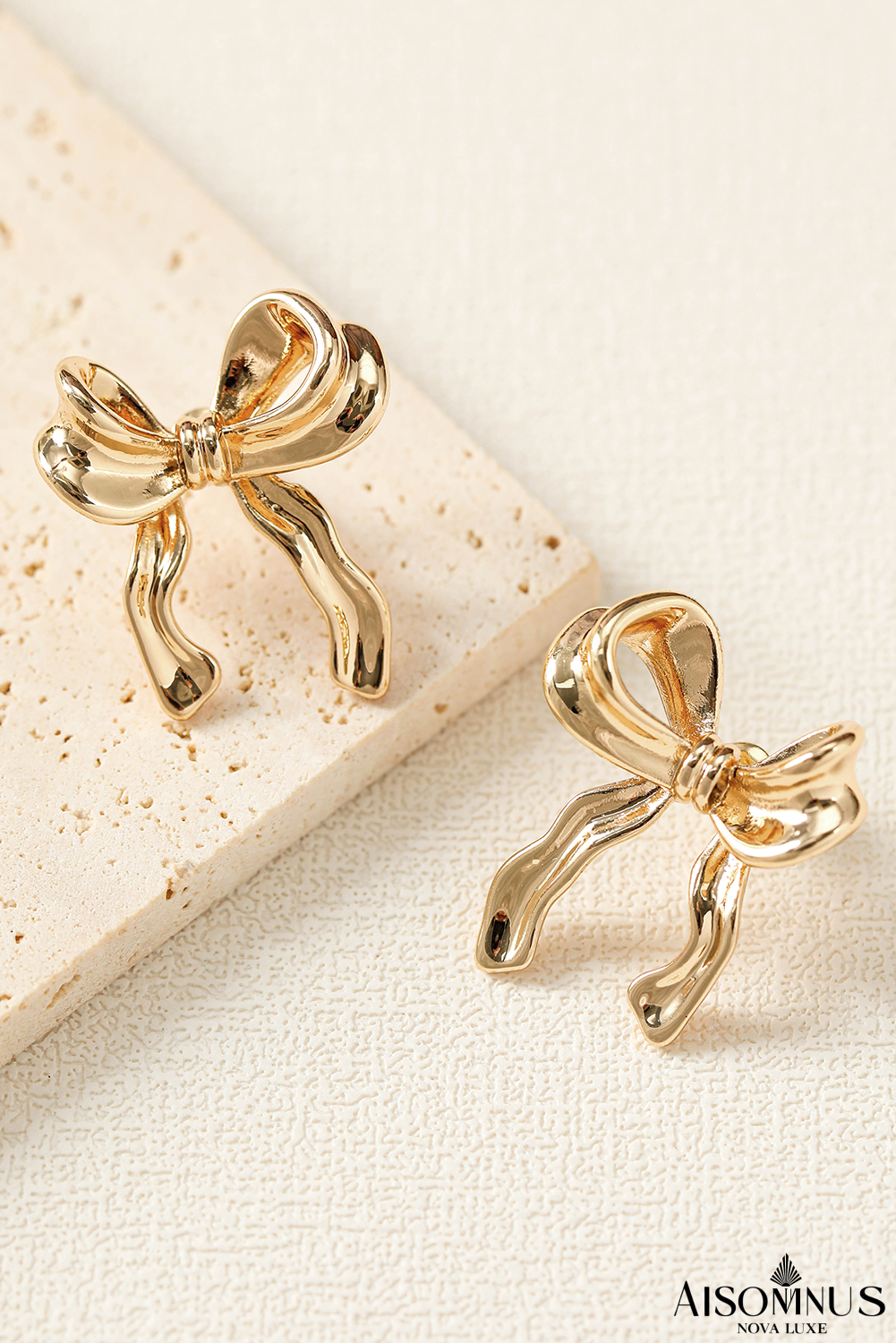 Gold Elegant Ribbon Bow Shape Stud Earrings