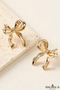 Gold Elegant Ribbon Bow Shape Stud Earrings
