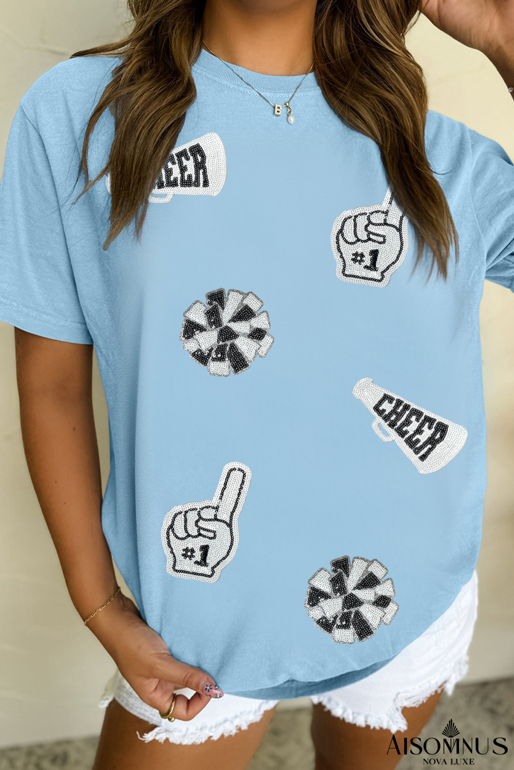 Light Blue Cheer Game Day Element Sequin Patched T Shirt