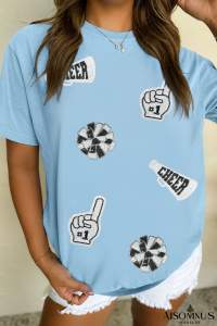 Light Blue Cheer Game Day Element Sequin Patched T Shirt