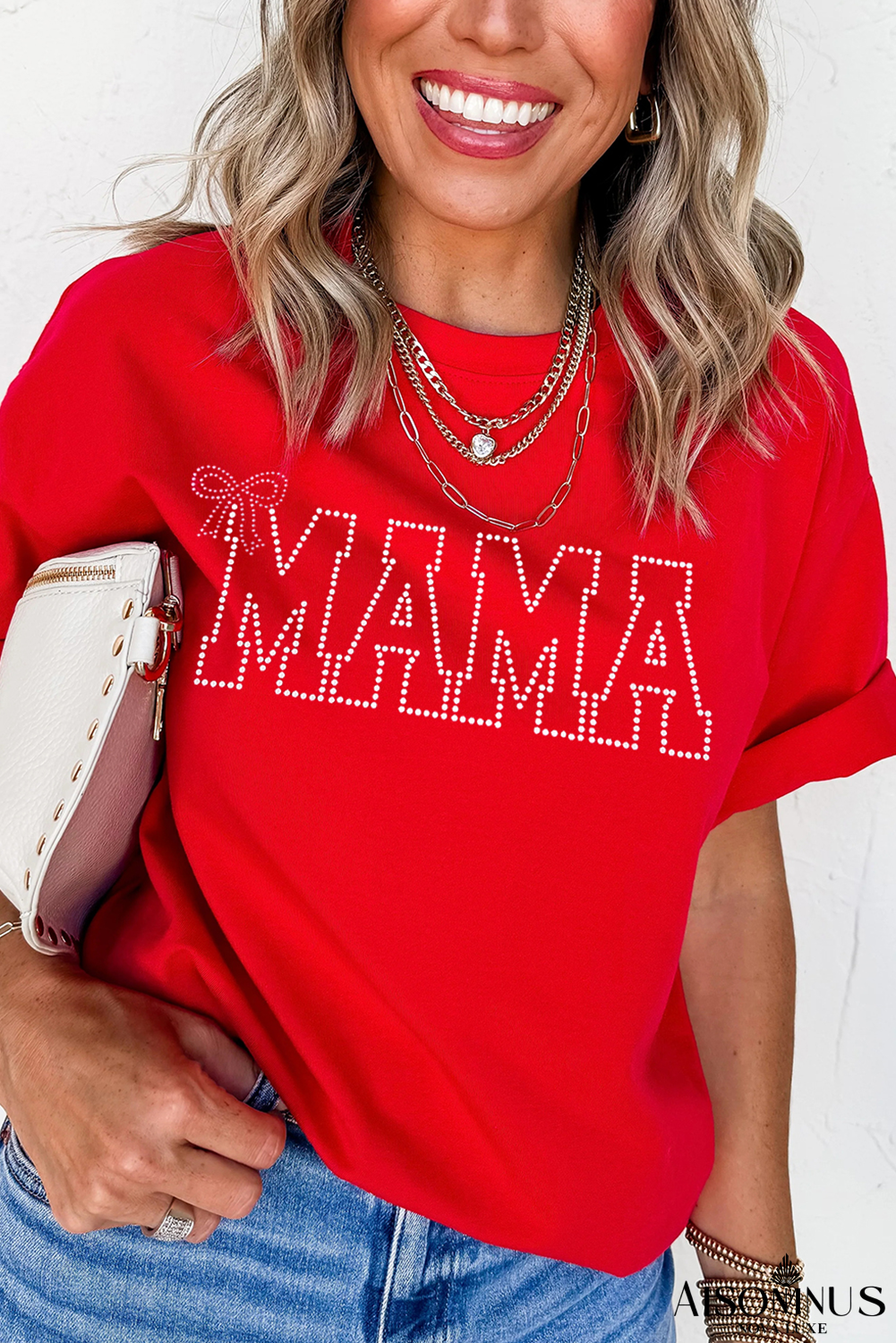 Red MAMA Bow Knot Pattern Crew Neck Loose Tee